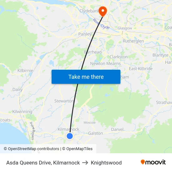 Asda Queens Drive, Kilmarnock to Knightswood map