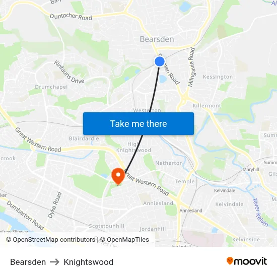 Bearsden to Knightswood map