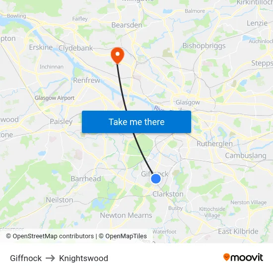 Giffnock to Knightswood map