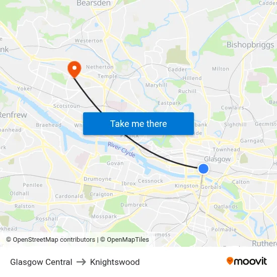 Glasgow Central to Knightswood map