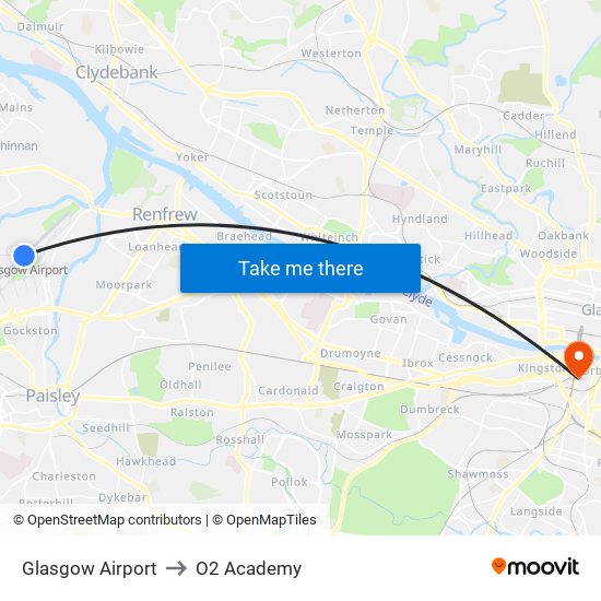 Glasgow Airport to O2 Academy map