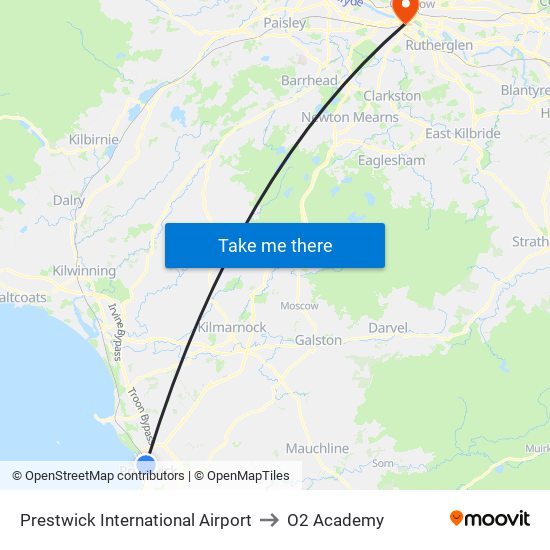 Prestwick International Airport to O2 Academy map
