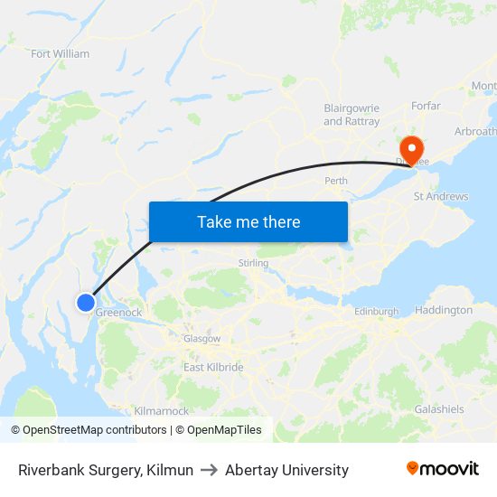 Riverbank Surgery, Kilmun to Abertay University map