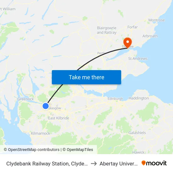 Clydebank Railway Station, Clydebank to Abertay University map