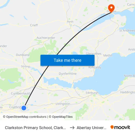 Clarkston Primary School, Clarkston to Abertay University map