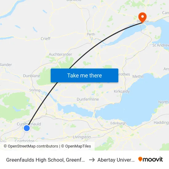 Greenfaulds High School, Greenfaulds to Abertay University map