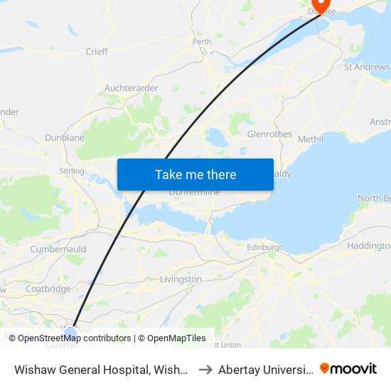 Wishaw General Hospital, Wishaw to Abertay University map