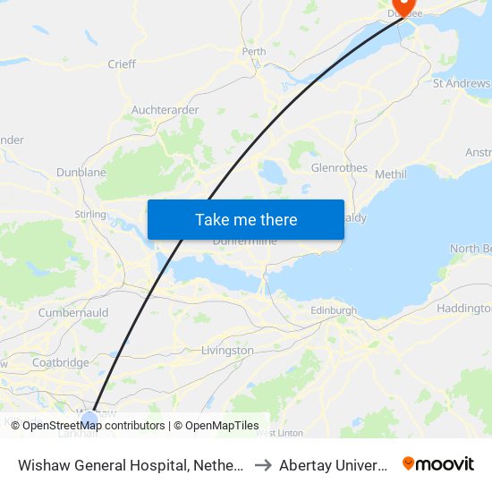 Wishaw General Hospital, Netherton to Abertay University map