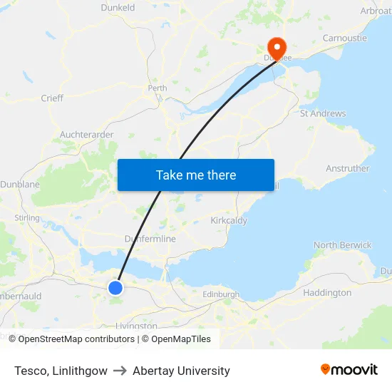 Tesco, Linlithgow to Abertay University map
