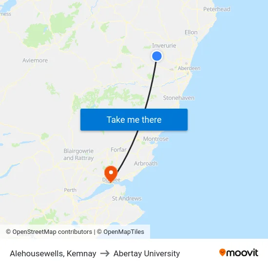 Alehousewells, Kemnay to Abertay University map