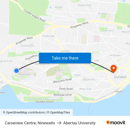 Carseview Centre, Ninewells to Abertay University map