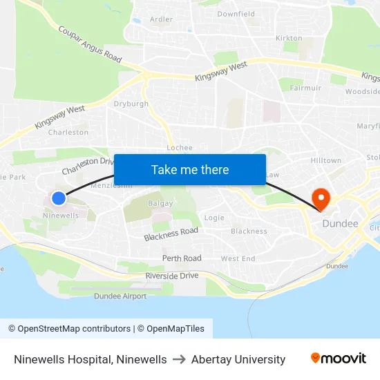 Ninewells Hospital, Ninewells to Abertay University map