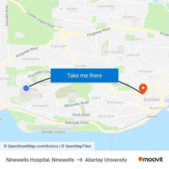 Ninewells Hospital, Ninewells to Abertay University map