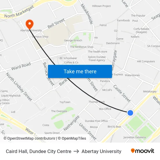 Caird Hall, Dundee City Centre to Abertay University map