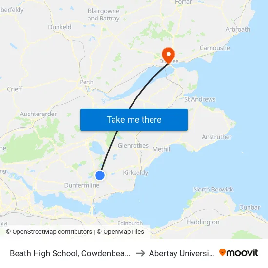 Beath High School, Cowdenbeath to Abertay University map
