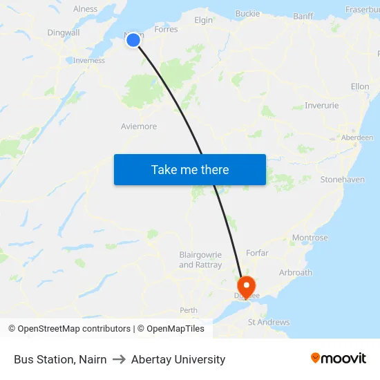Bus Station, Nairn to Abertay University map