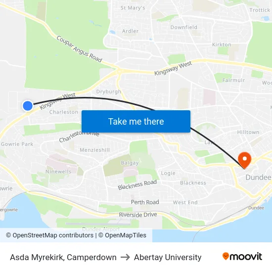 Asda Myrekirk, Camperdown to Abertay University map