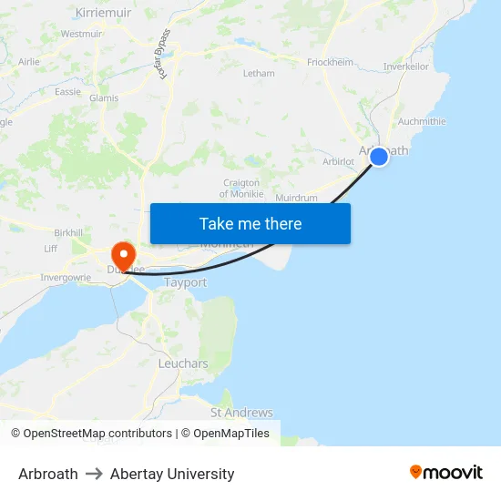 Arbroath to Abertay University map