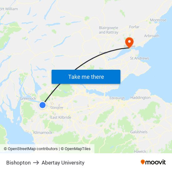 Bishopton to Abertay University map