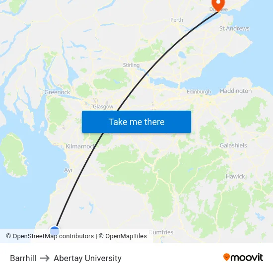 Barrhill to Abertay University map