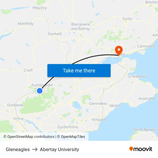 Gleneagles to Abertay University map