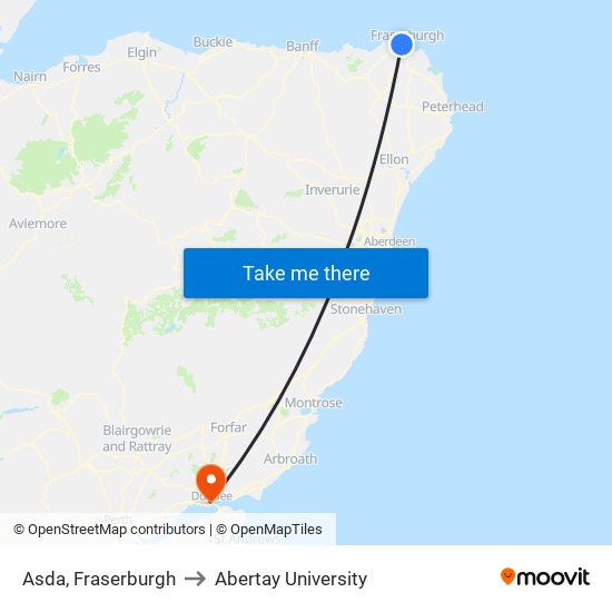 Asda, Fraserburgh to Abertay University map