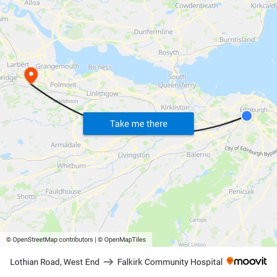 Lothian Road, West End to Falkirk Community Hospital map