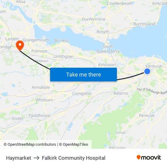 Haymarket to Falkirk Community Hospital map