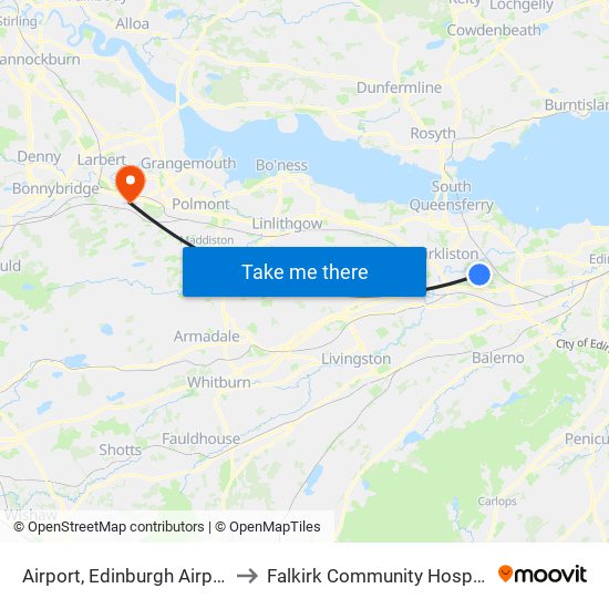 Airport, Edinburgh Airport to Falkirk Community Hospital map