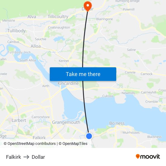 Falkirk to Dollar map