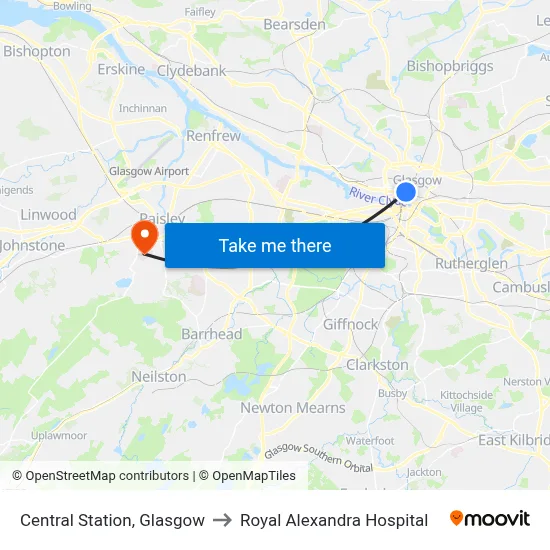 Central Station, Glasgow to Royal Alexandra Hospital map