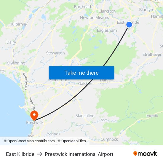 East Kilbride to Prestwick International Airport map