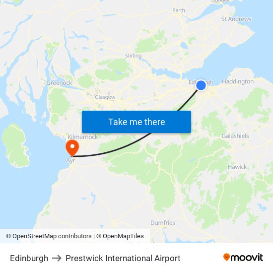 Edinburgh to Prestwick International Airport map