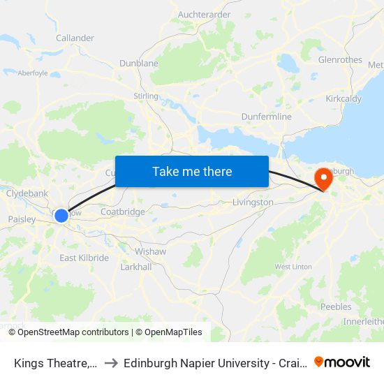 Kings Theatre, Glasgow to Edinburgh Napier University - Craiglockhart Campus map