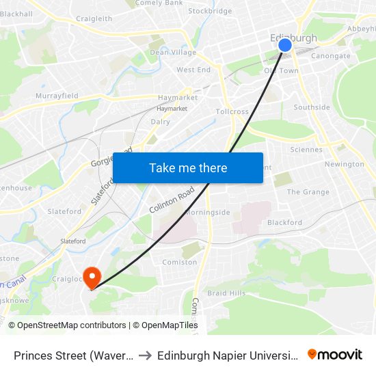 Princes Street (Waverley Steps), Edinburgh to Edinburgh Napier University - Craiglockhart Campus map