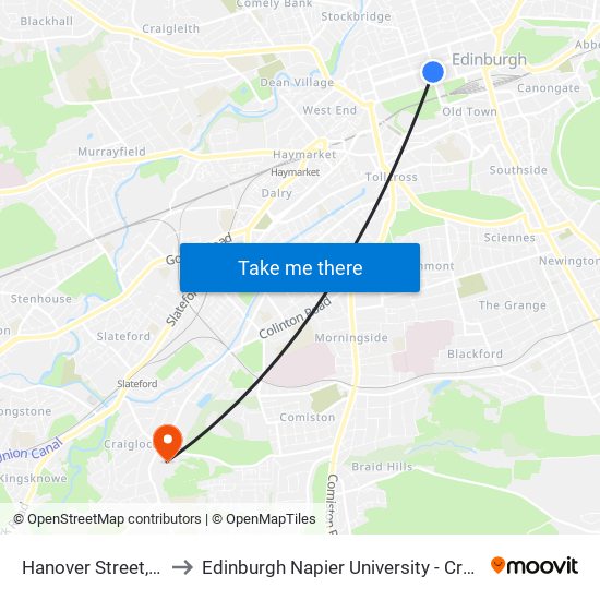 Hanover Street, Edinburgh to Edinburgh Napier University - Craiglockhart Campus map