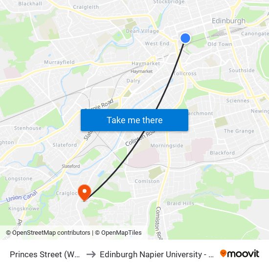 Princes Street (West), Edinburgh to Edinburgh Napier University - Craiglockhart Campus map