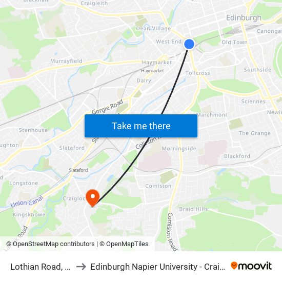 Lothian Road, West End to Edinburgh Napier University - Craiglockhart Campus map