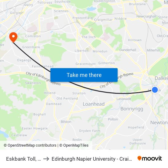 Eskbank Toll, Dalkeith to Edinburgh Napier University - Craiglockhart Campus map