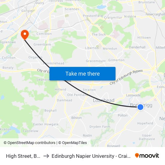 High Street, Bonnyrigg to Edinburgh Napier University - Craiglockhart Campus map