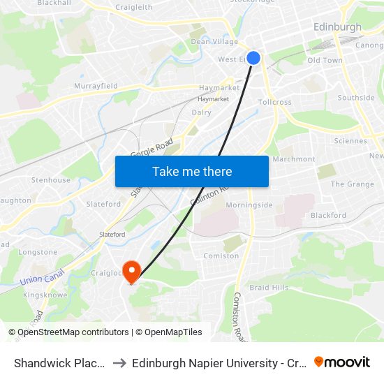 Shandwick Place, West End to Edinburgh Napier University - Craiglockhart Campus map