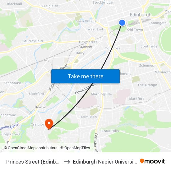 Princes Street (Edinburgh Trams), Edinburgh to Edinburgh Napier University - Craiglockhart Campus map