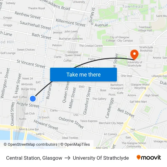 Central Station, Glasgow to University Of Strathclyde map