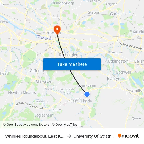 Whirlies Roundabout, East Kilbride to University Of Strathclyde map