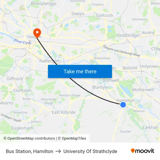 Bus Station, Hamilton to University Of Strathclyde map