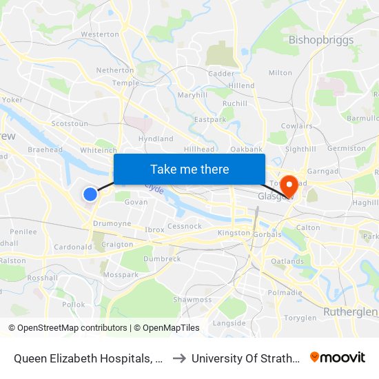 Queen Elizabeth Hospitals, Govan to University Of Strathclyde map