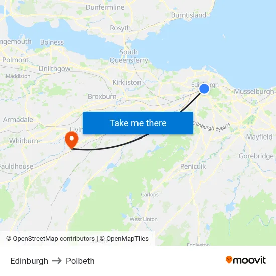 Edinburgh to Polbeth map