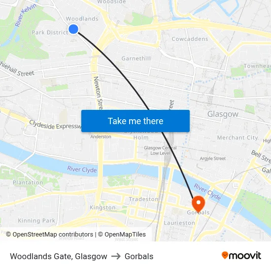 Woodlands Gate, Glasgow to Gorbals map