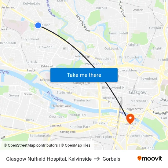 Glasgow Nuffield Hospital, Kelvinside to Gorbals map