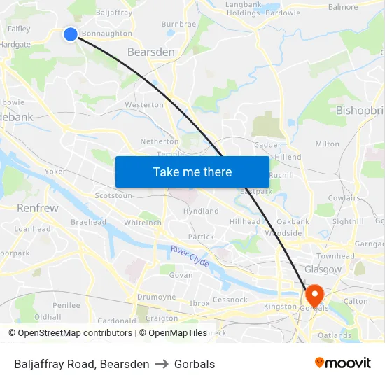 Baljaffray Road, Bearsden to Gorbals map